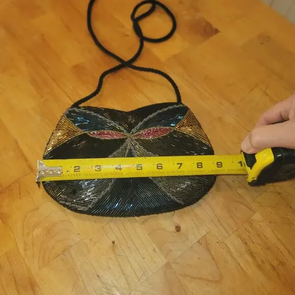 Vintage bugle glass beads 80s purse shoulder EVENING bag black gold silver blue - Picture 7 of 7